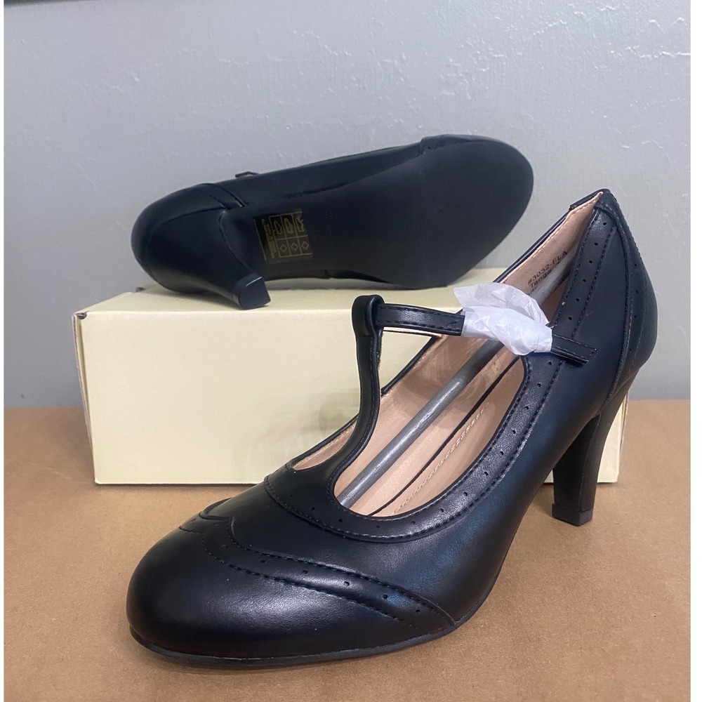 J. Adams Tango Black T-Strap Wingtip Brogue Pumps Heels 3032-FLA Size 7.5 - Picture 3 of 6